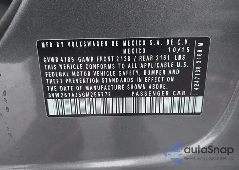 2016 Volkswagen Jetta 1.4T S z USA, uszkodzony, nr VIN 3VW267AJ5GM255772